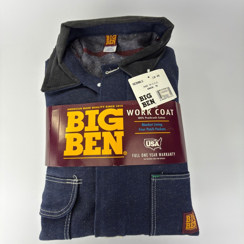Big Ben Vintage Denim Chore Coat Blanket Lined Blue Mens 44 Long Large NWT NOS